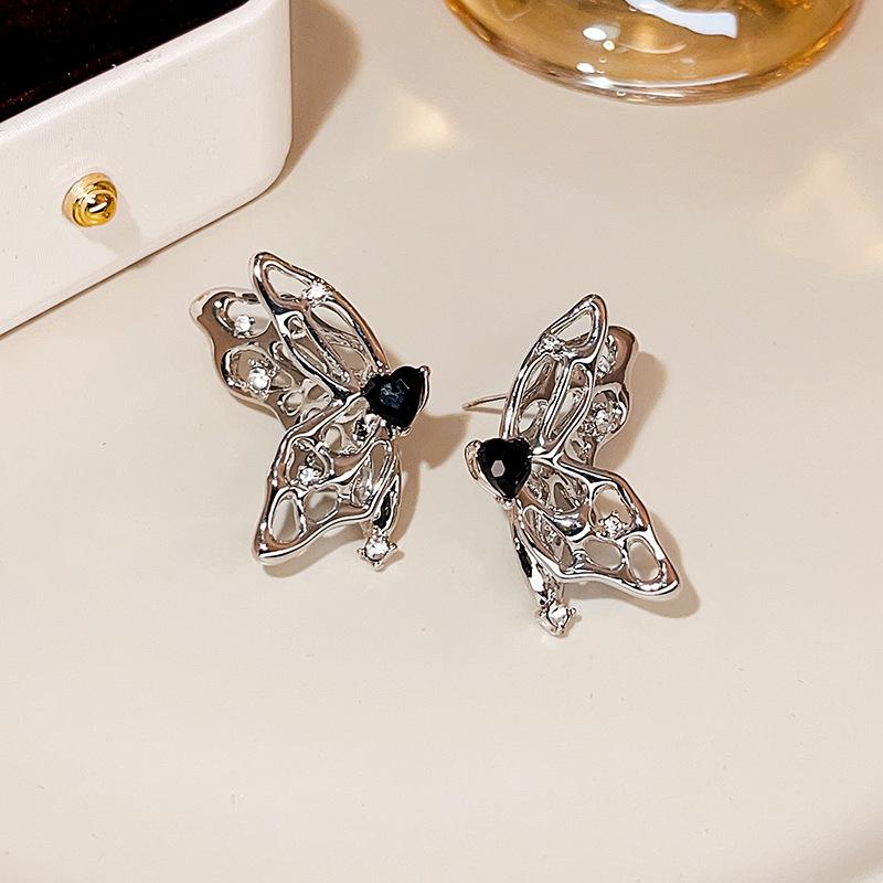 Black Zircon Hollow Butterfly Asymmetric Personality Creative Stud Earrings Fashion Metal Sweet Cool Temperament Stud Earrings