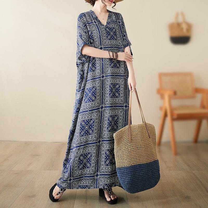 Real shot, spring and summer V-neck thin cotton and linen large size loose literary holiday wind beach skirt retro long robe