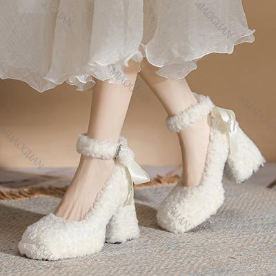 Women's Fluffy Pumps Round Toe Chunky High Heels Winter Shoes for Women Fashion Ankle Strap Elegant Woman Heeled Dress Shoes