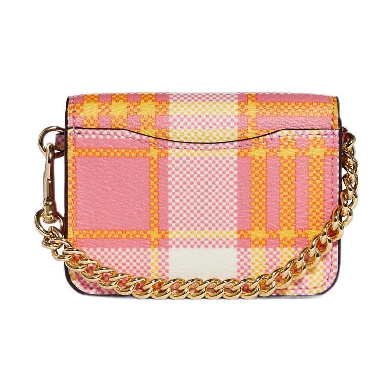 COACH POPPY 21 color block plaid chain coated canvas and leather crossbody bag small size women's toffee pink with gold zipper