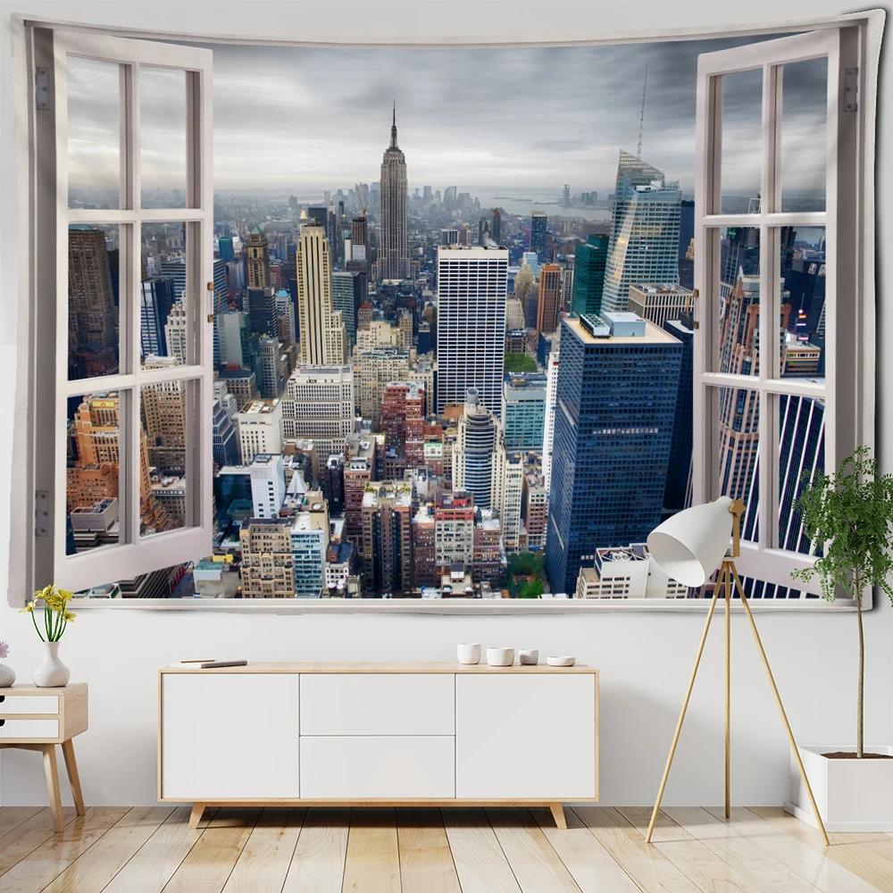 Urban Imitation Window Scenery Tapestry Wall Hanging Art Architecture Minimalist Hippie Tapiz Minimalist Living Room Home Decor