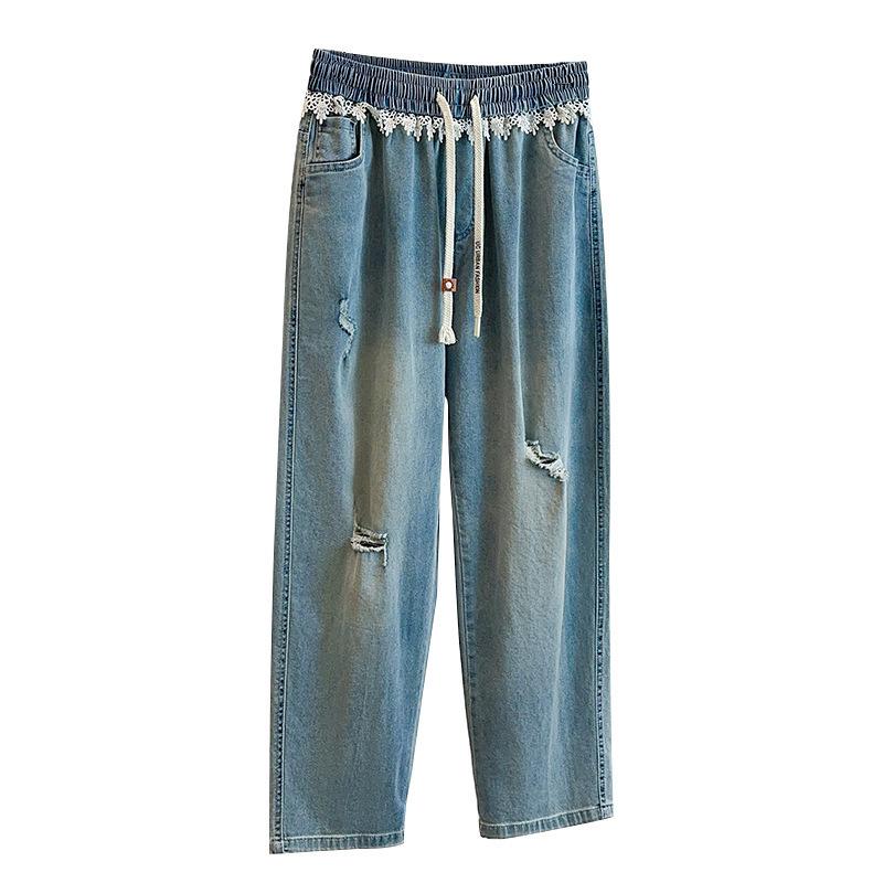High Waist Plus Size Ripped Lace Patchwork Denim Harem Pants