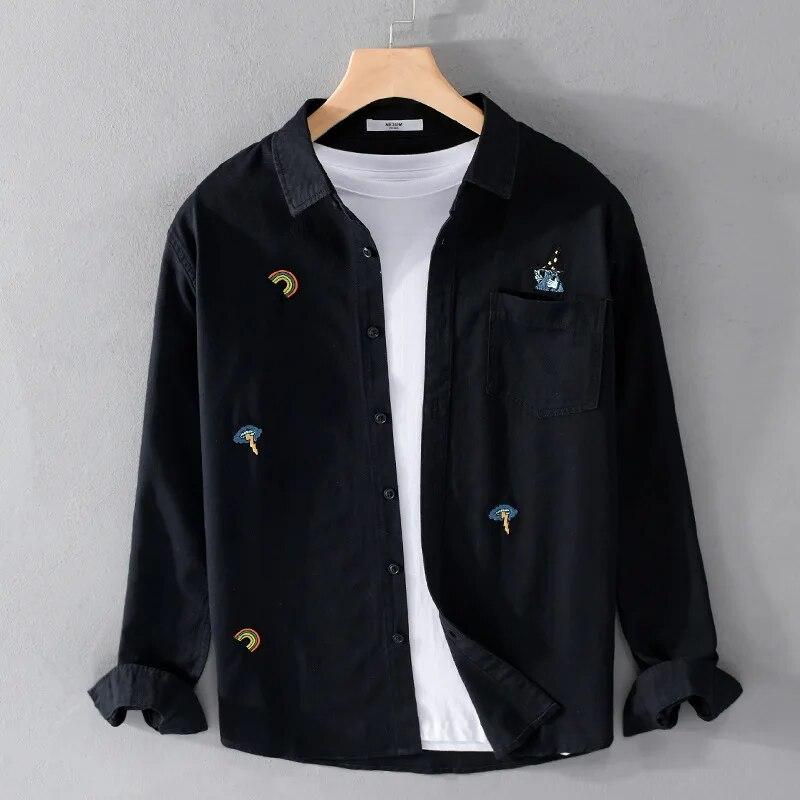 Chic Embroidered White Shirts for Men Spring and Summer Streetwear Youth New Casual Tops Pure Cotton Long Sleeve Shirt Korean Style Men Clothing
