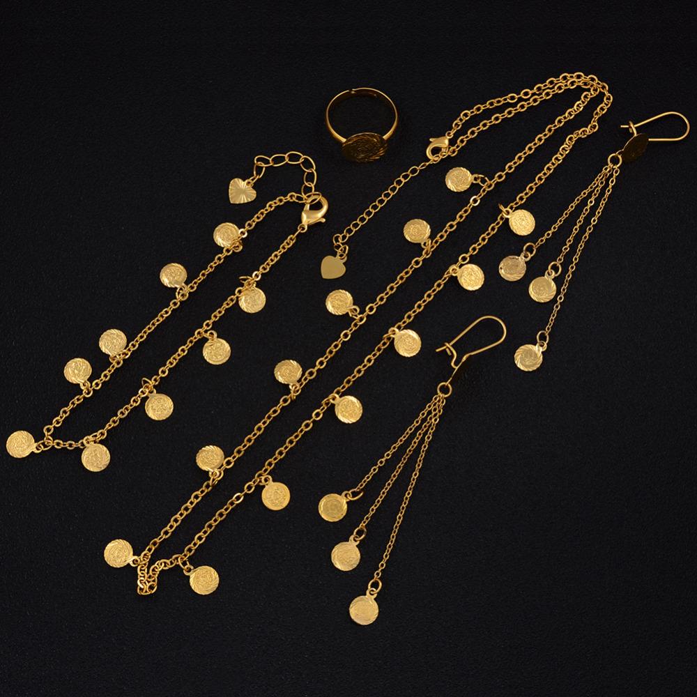 Anniyo Kleines Münzen-Schmuckset für Mädchen, Halskette, Ohrring, Armband, Ring, goldfarben, arabischer Juwelier, Metallmünzen für Kinder