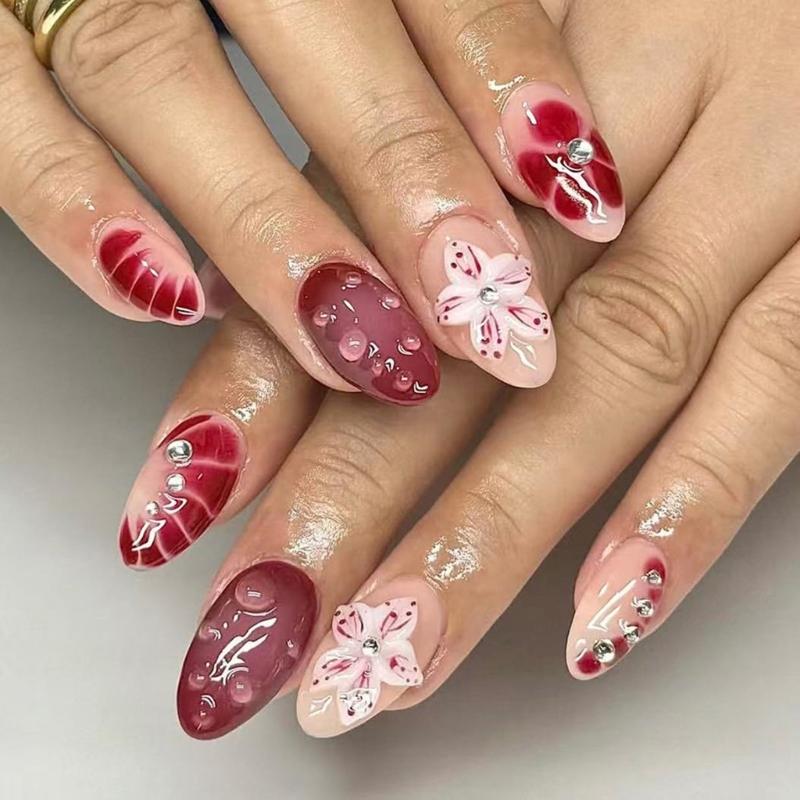 

Wine Red Flower Design False Nail 24PCS ABS Materials Build Press On Nail Winter Styles Accent DIY Manicure Daily Use 1