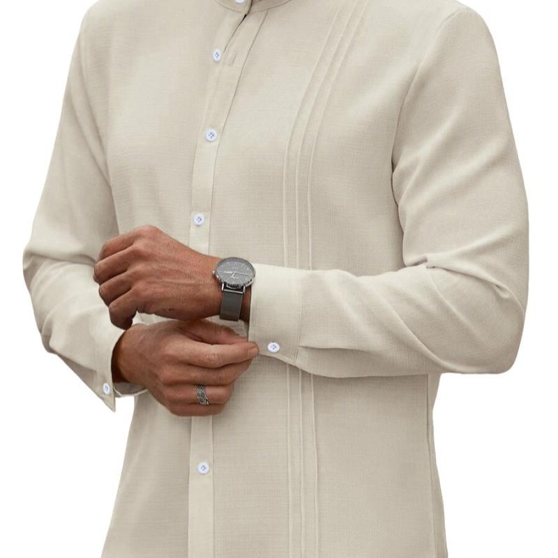 Men's Stand Collar Solid Color Striped Long Sleeve Cardigan Casual Shirt