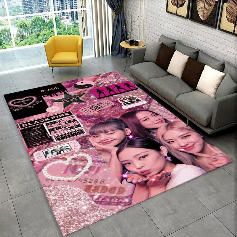Fashion B-Black P-Pink Kpop Star Carpet Rug for Playroom Bedroom Living Room Sofa Home Decor,kid Area Rug Non-slip Floor Mat