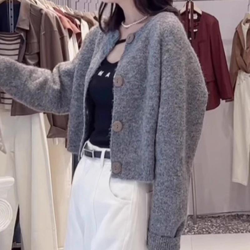 Women's Fluffy Knit French Cardigan: Short Round Neck, Loose Fit, New for Autumn/Winter 2026