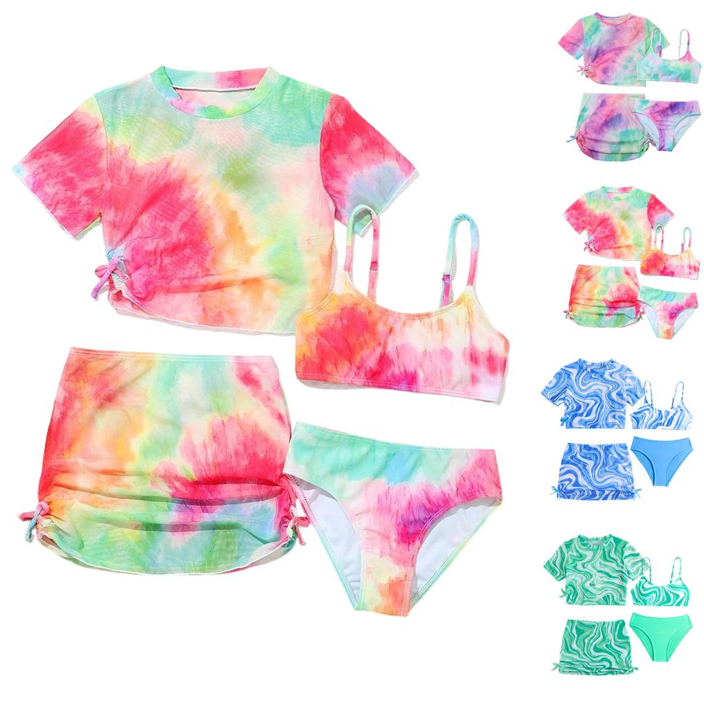 Girls Three Piece Swimsuit Set High Waist Bottoms with Mesh Skirt and Short Sleeve Cover Up Top for Kids Summer Beachwear