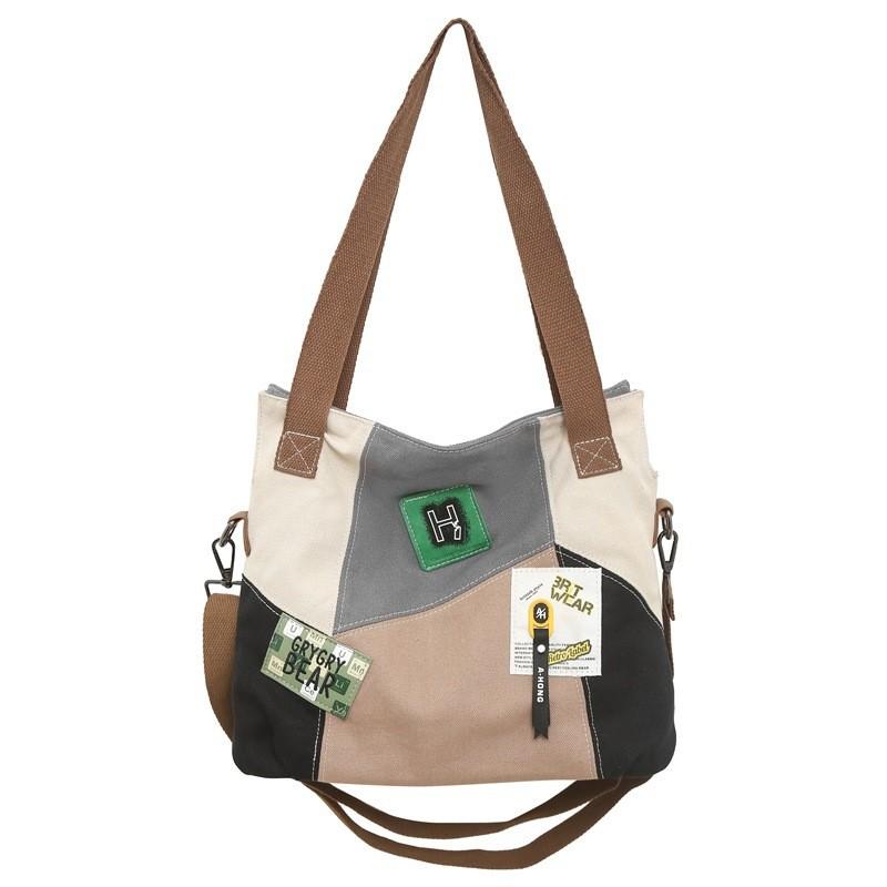 Personalized Badge Canvas Bag Women 2023 New Color Blocking College Student Casual Messenger Bag Commuter Shoulder Bag Urban Minimalist Style H