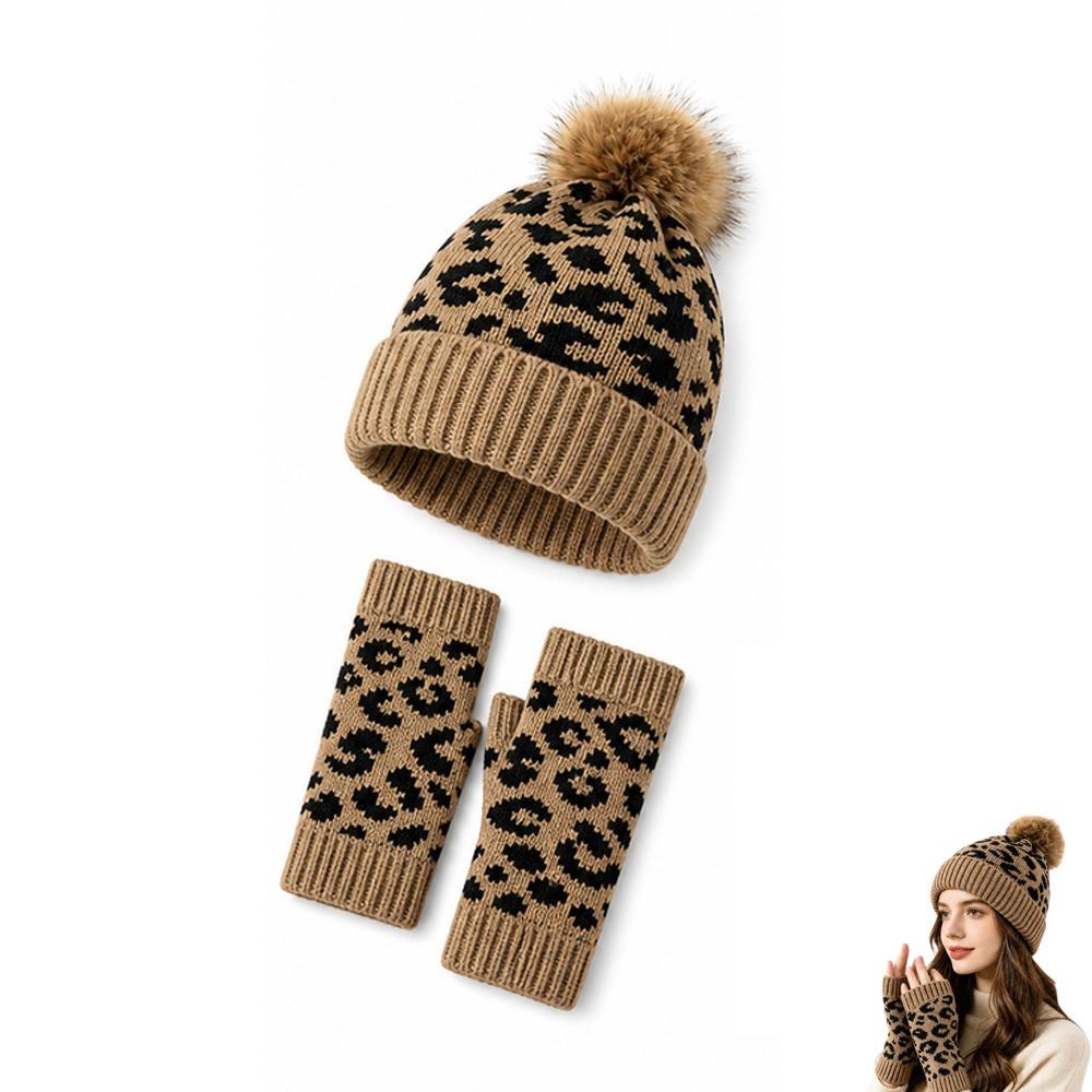 2Pcs/Set Warm Knit Beanie Leopard Knitted Winter Hat New Leopard Print Beanie Everyday Wear