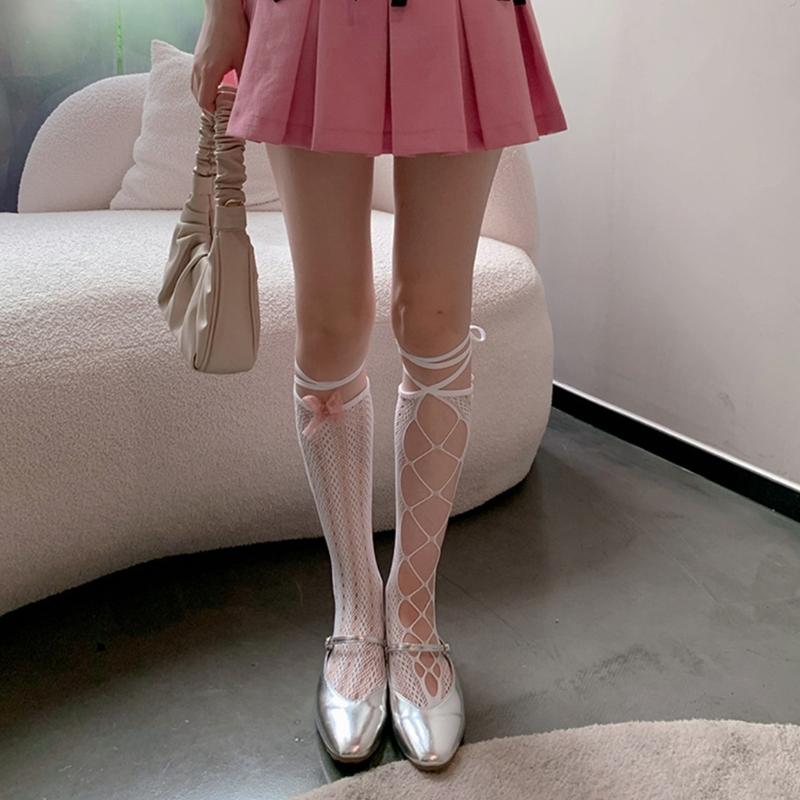 Openwork Lace Fishnet Knee Length Socks for Women with Bows Tie Detail, Slouch Fashion Legwear for Party Outfits and Daily Looks