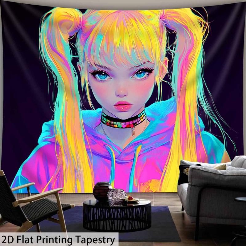 VIKAMA Neon Doppel-Pferdeschwanz Mädchen Trendig Cool Wandteppich Cyberpunk Stil E-Sport Zimmer Tapete Zimmerdekoration Hausdekoration