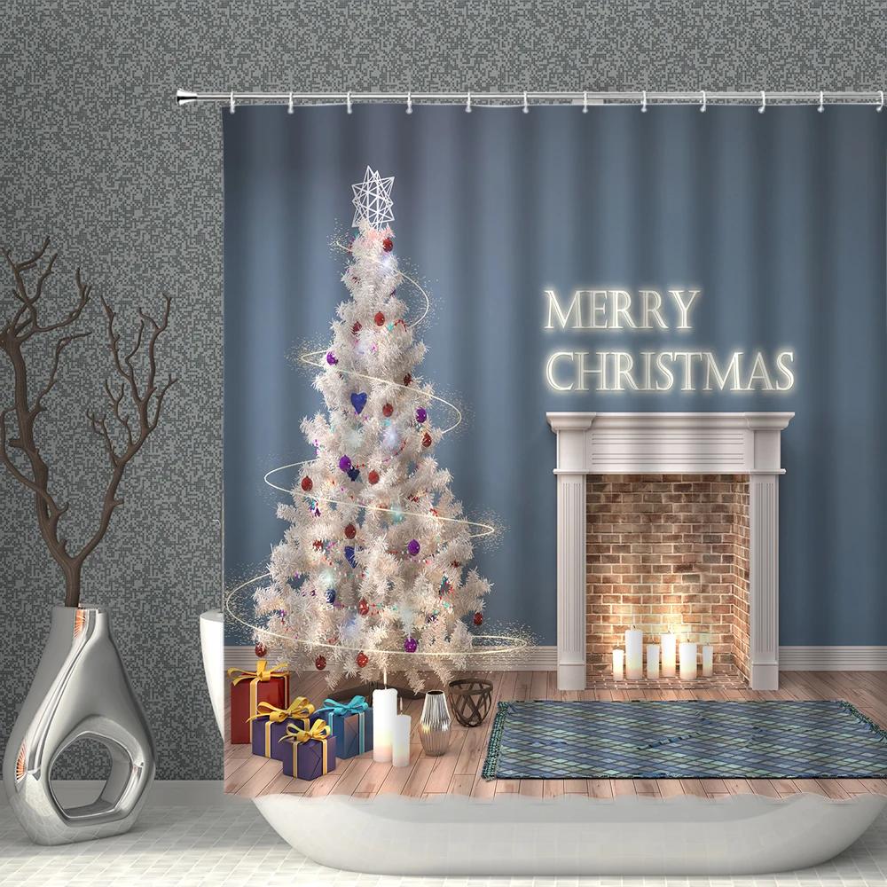 ChristmasTree Bells Shower Curtain Set Happy New Year Waterproof Polyester Cloth Curtains With Hooks Bathroom Home Decor
