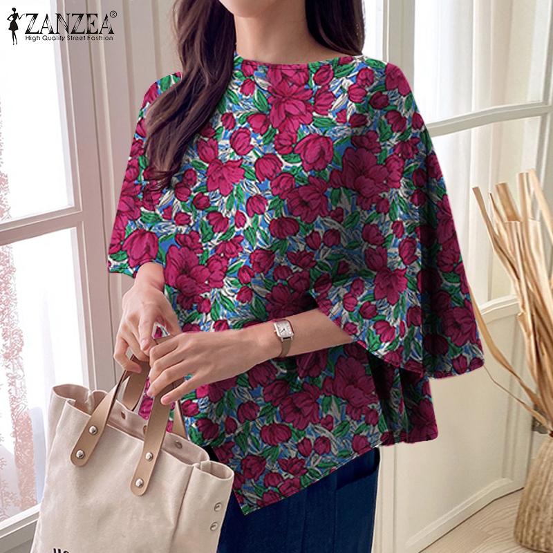 ZANZEA Women Casual 3.4 Sleeve Loose Floral Print Irregular Blouse