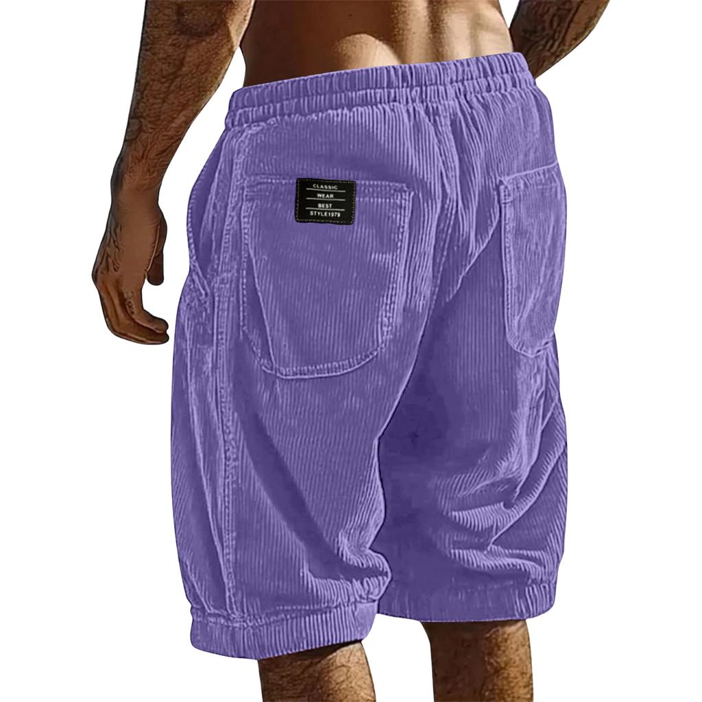 Mens Corduroy Shorts Relaxed Fit Elastic Waistband Patch Pocket Design Casual Knee Length Trousers for Everyday Wear