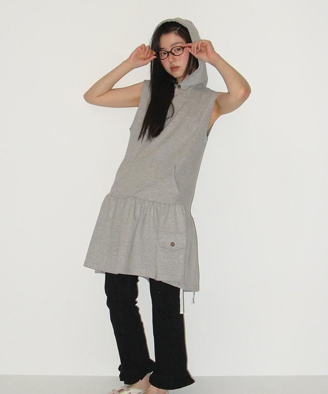 RONRON Vestito Felpa con Cappuccio Senza Maniche a Strati Grigio