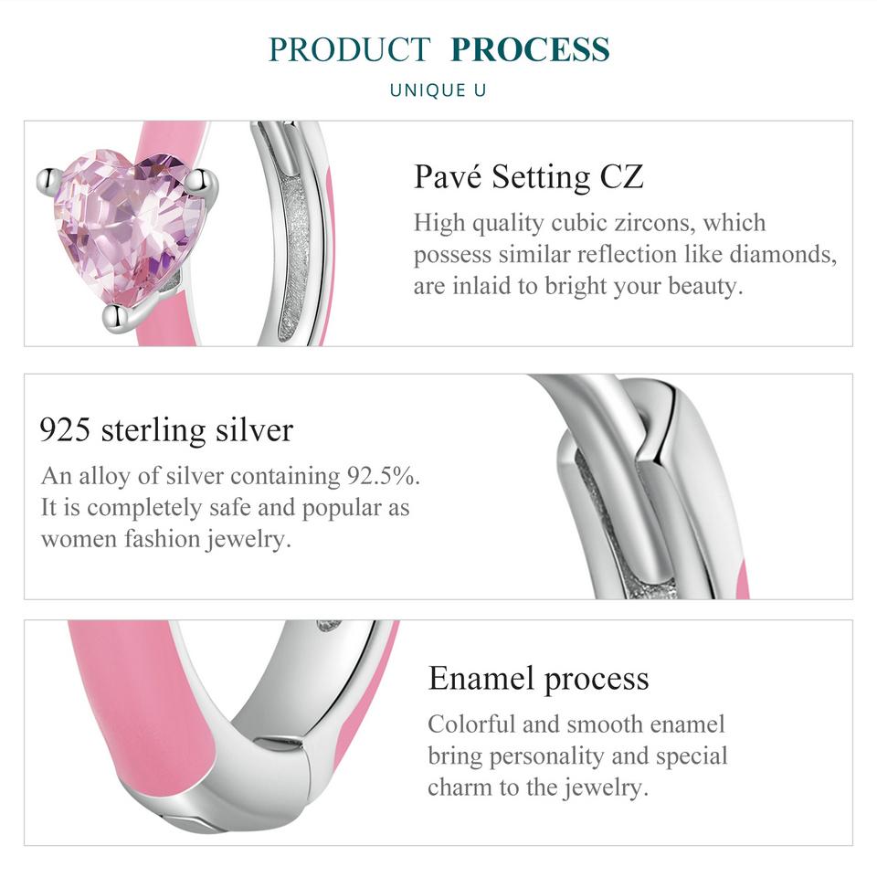 BAMOER Real 925 Sterling Silver Pink Heart Zircon Hoop Earrings Lovely Cindy Color Oil Printed Ear Clips Earring Girl Party Gift