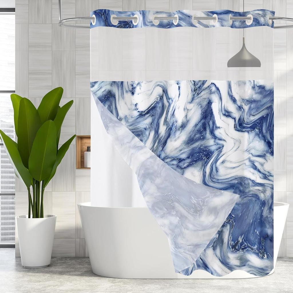 No Hooks Needed Marble Shower Curtain Set with Snap-in Liner, Modern Abstract Shower Curtains for Luxury Hotel Grade Spa-Like Bathroom Decor