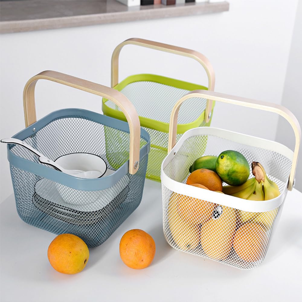 Tamatoshi Fruit & Vegetable Food Towel Small Item Storage Basket Steel Mesh Fruit Wire Basket Shopping Basket Stylish Square with Handle White