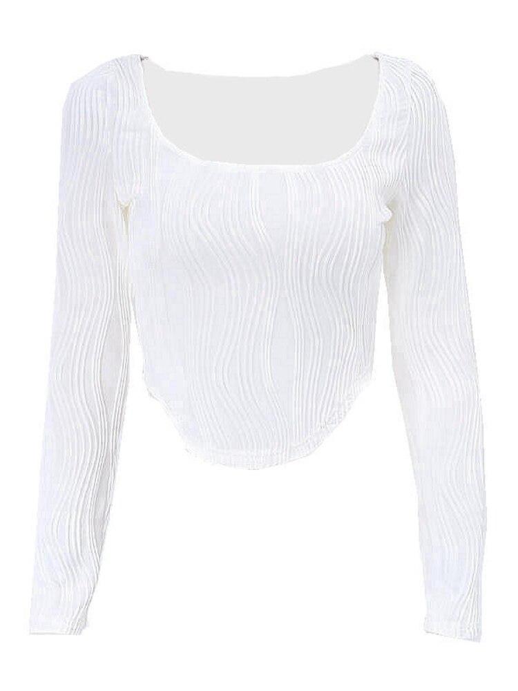 

2022 Осенняя мода, повседневная корейская футболка с длинным рукавом и квадратным вырезом, рюшами, женская узкая базовая футболка, модный короткий топ, сексуальная уличная одежда L белый