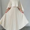 2026 Womens Elegant Solid Color Round Neck Pleated Slim Fit Casual Dress Set With Batwing Sleeves
