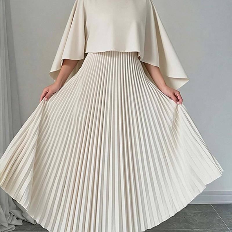 2026 Womens Elegant Solid Color Round Neck Pleated Slim Fit Casual Dress Set With Batwing Sleeves