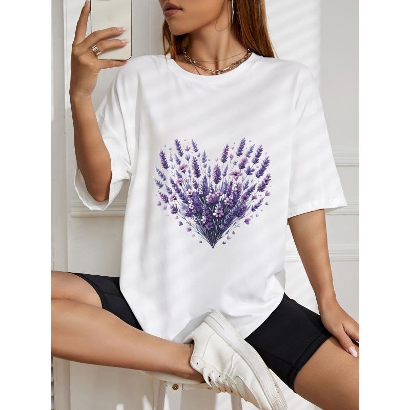 Lavender Heart Print Oversized T Shirt White Floral Design For Casual Wear And Everyday Outfits
