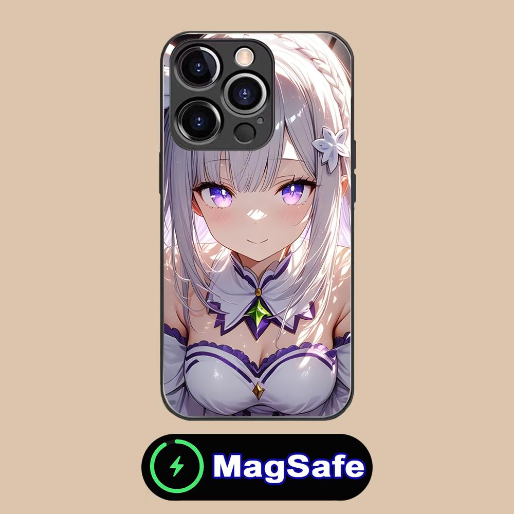 ReZero Emilia Waifu Mobile Phone Case for iPhone 17 16 15 14 13 12 11 Air Pro Max Plus Mini MagSafe Glass Colorful Cover Luxury