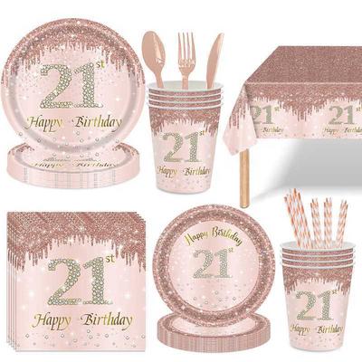 Roségold Diamant 21. Geburtstag Einweg-Geschirrset Teller Becher Deko