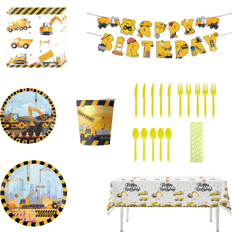 Construction Birthday Themed Party Decoration Supplies Tablecloth Cutlery Banner