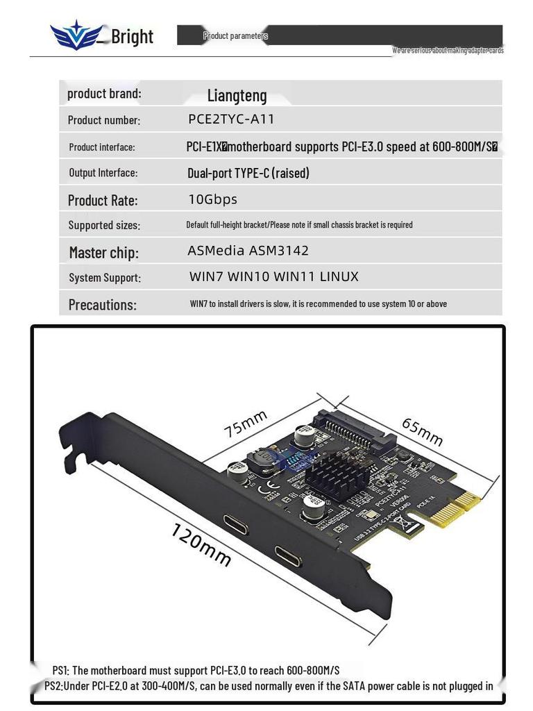 USB 3.2 Gen 2 Dual Type-C Expansion Card with ASMedia ASM3142, 10Gbps
