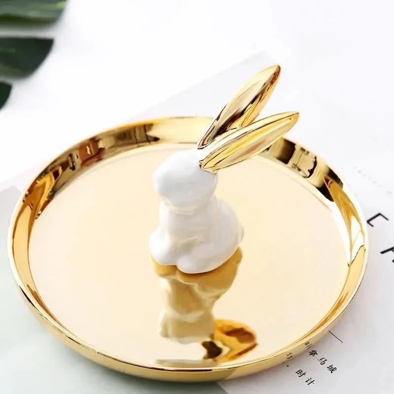 European Style Dressing Table Golden Animal Horse Rabbit Ceramic Jewelry Storage Tray Jewelry Storage Box