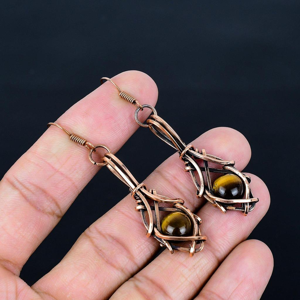Tiger's Eye 999 Copper Wire Wrapped Earrings, Handmade Gemstone Earrings, Gift For Mom Antique Jewelry