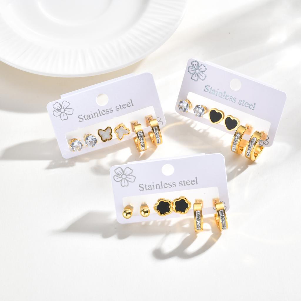 Earrings Set Gold Plated Stainless Steel Black Flower Studs CZ Hoop Earrings for Women Multiple Piercing Jewelry