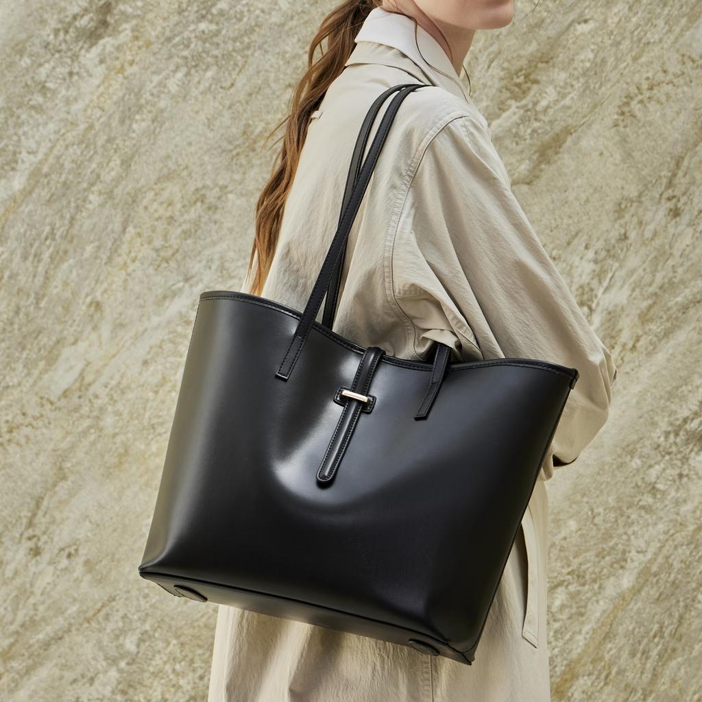 HIFASHION Luxury Genuine Cowhide Leather Tote Bag For Women Large Capacity Work Shopper Shoulder Crossbody Handbags With Pouch