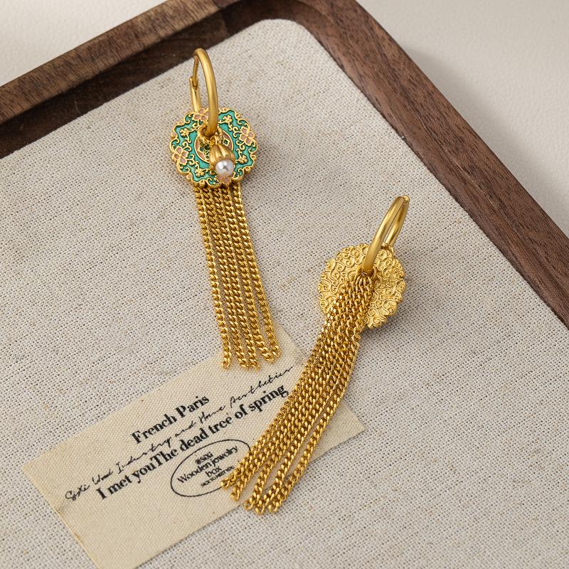 Elegante chinesische Quasten- & Perlenohrringe mit Glasur-Blumendesign für Damen