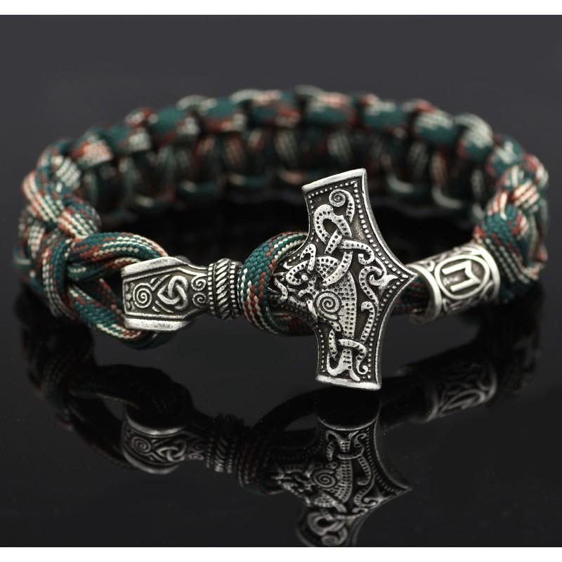 Mens Viking Thor Hammer Camouflage Braided Bracelet Alloy Retro Style Handmade Jewelry Travel Gift Antique Silver M