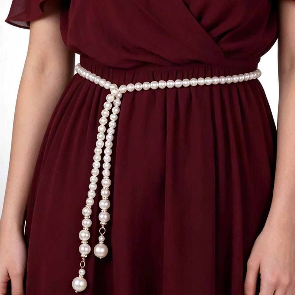 French Imitation Pearl Waist Chain: Versatile Elastic Knot Belt for Shirt Dresses, Fashionable and Simple.