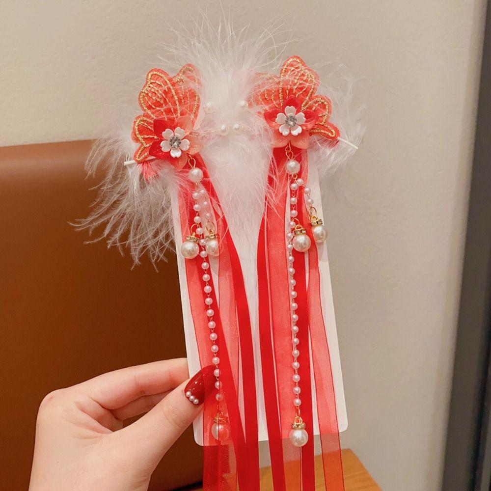 

Pearl Chinese New Year Headwear Feather Hanfu Hairpin Children Red Hairpin Baby Headwear H