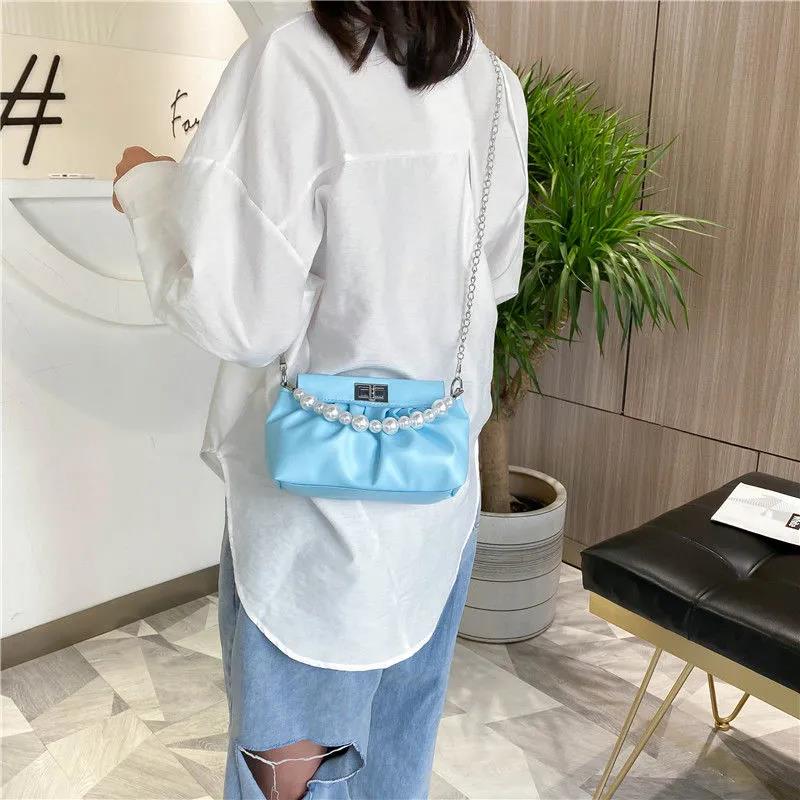 WTEMPO Frauen Vintage Perlen Dekoration Handtasche Weibliche Einfarbig Unterarm Kette Tasche Einzelnen Schulter Party Tasche