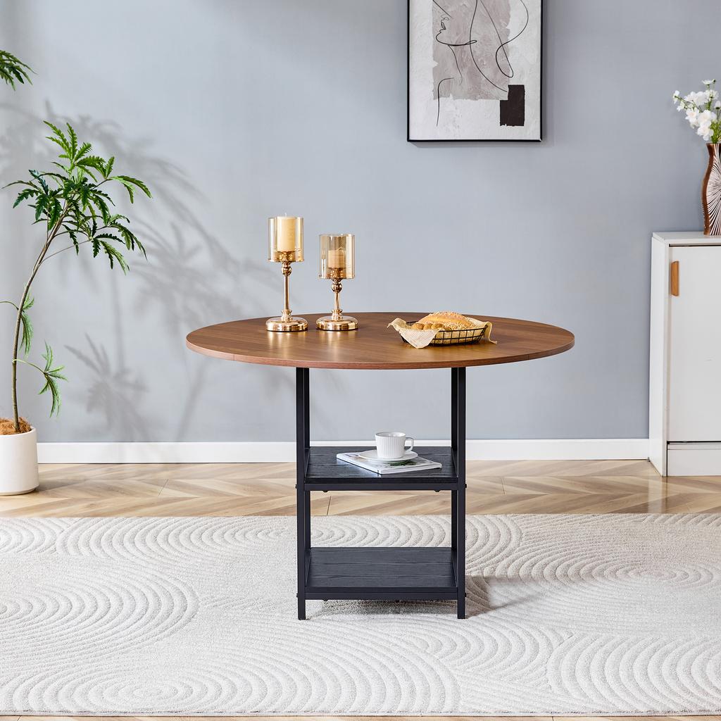 Round Dining Table with 107 Cm Diameter and Double Shelf In Walnut Look, MDF Top + Metal Frame, Suitable for 2–4 People, for European Family Meals.
