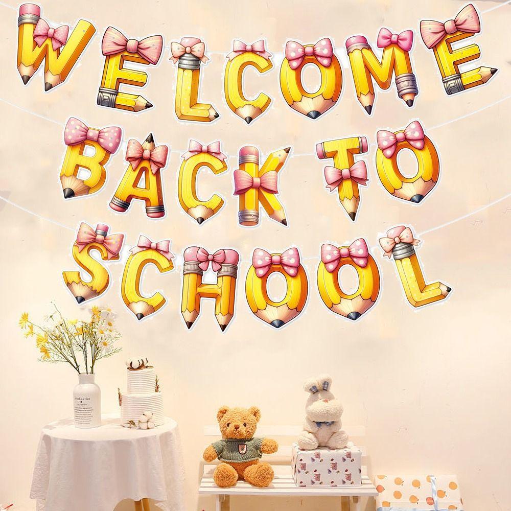 Cartoon Welcome Back To School Banner Pencil Background Hanging Flag Classroom Kindergarten