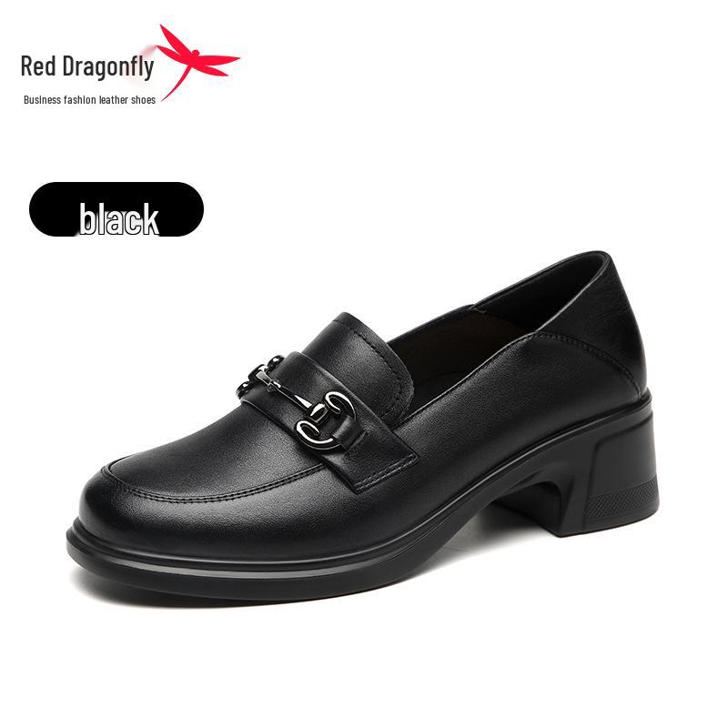 Red Dragonfly Women s Genuine Leather Loafers - Autumn 2024 Style, Thick Sole, Mid-Heel, Slip-On Shoes 35 чёрный