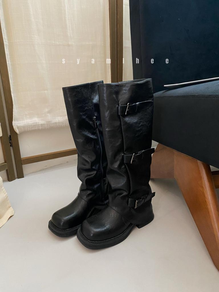 2025 Spring and Autumn New American Retro Style Pleated Design Thick Heel Belt Buckle Personalized Versatile Medium Boots Women