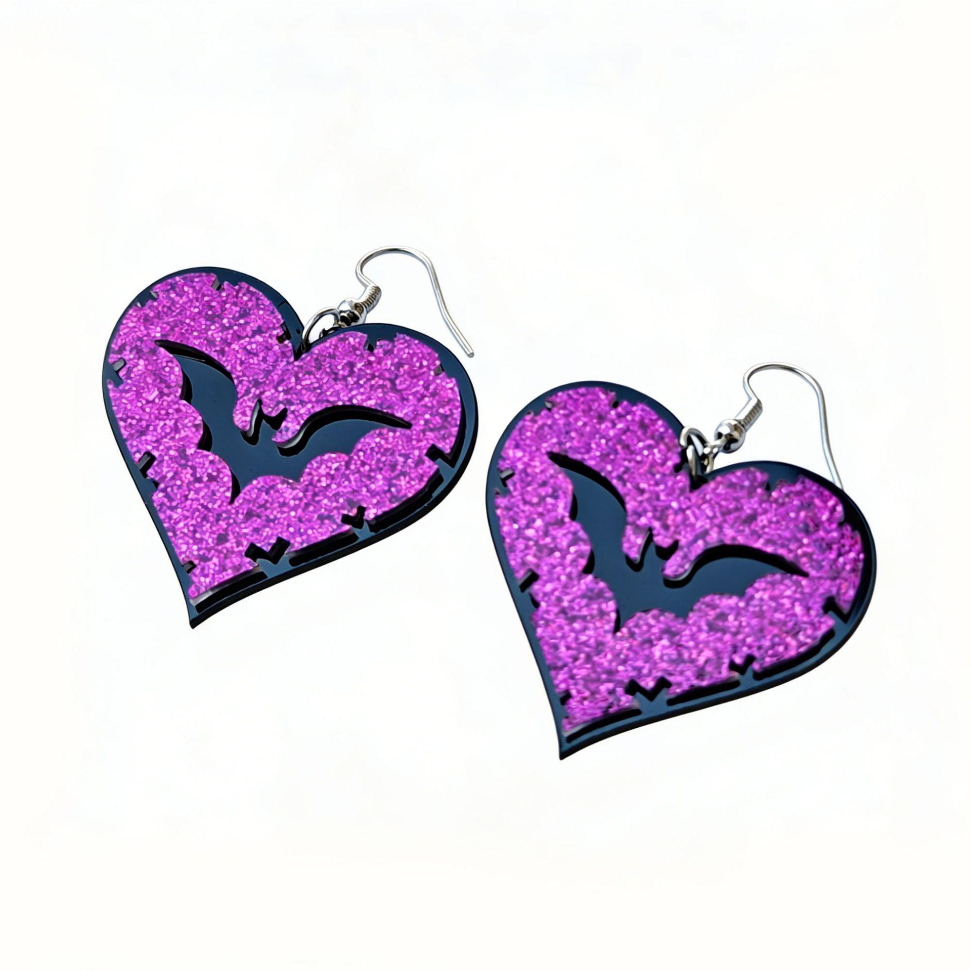 Purple Acrylic Bat Heart Earrings - Trendy Halloween Jewelry for Women фиолетовый