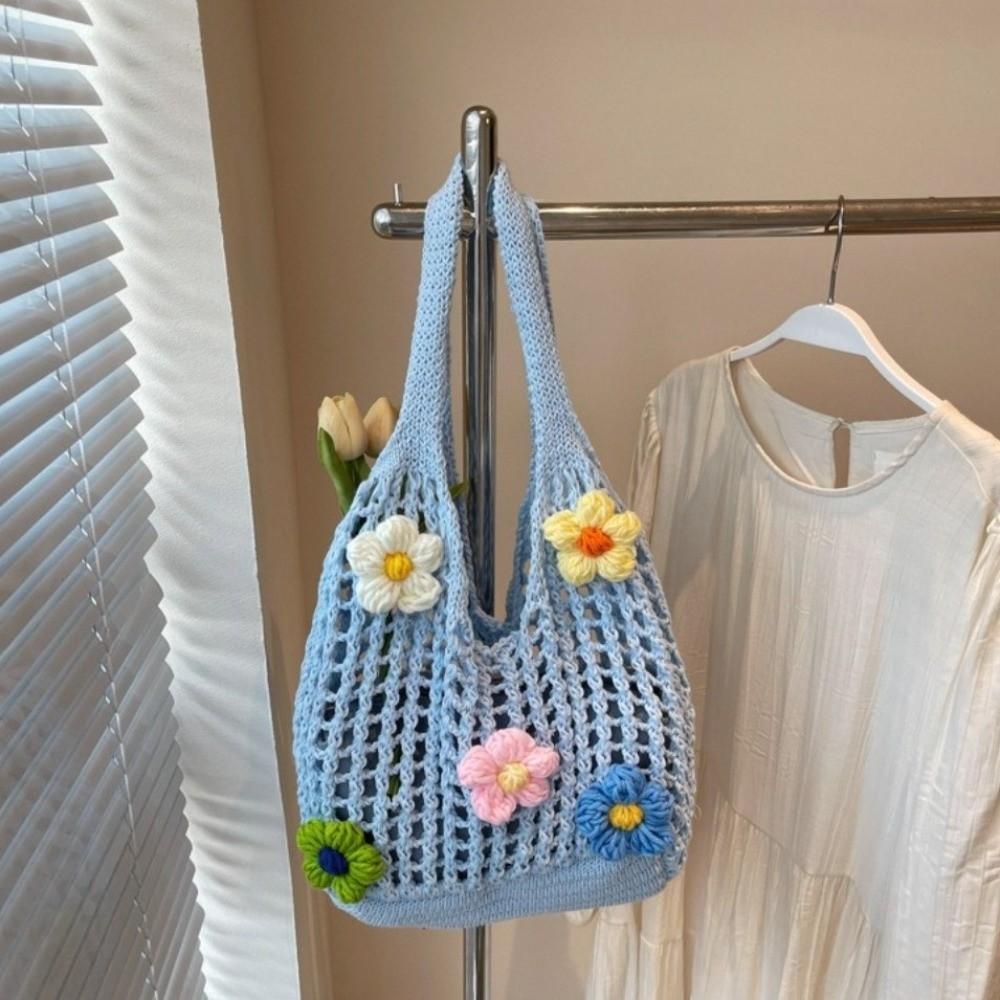 Simple Multicolor Flower Woven Bag Hollow Bohemian Style Knitting Tote Bag Large Capacity Handbag Hollow Shoulder Bag Seaside