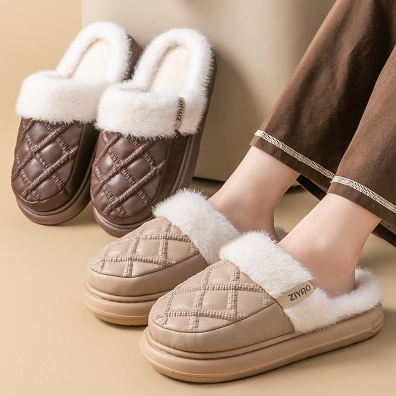 Fashion Indoor Waterproof Cotton Slippers for Women Thick Bottom Non Slip Home Plush Slides Woman Comfortable Fluffy Platform Slippers