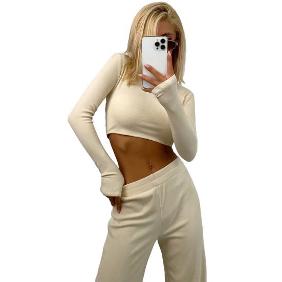 Women 2 Piece Lounge Set Long Sleeve Cropped Pullover Top Wide Leg Pants Set Fall Crewneck Tracksuit Casual Outfits