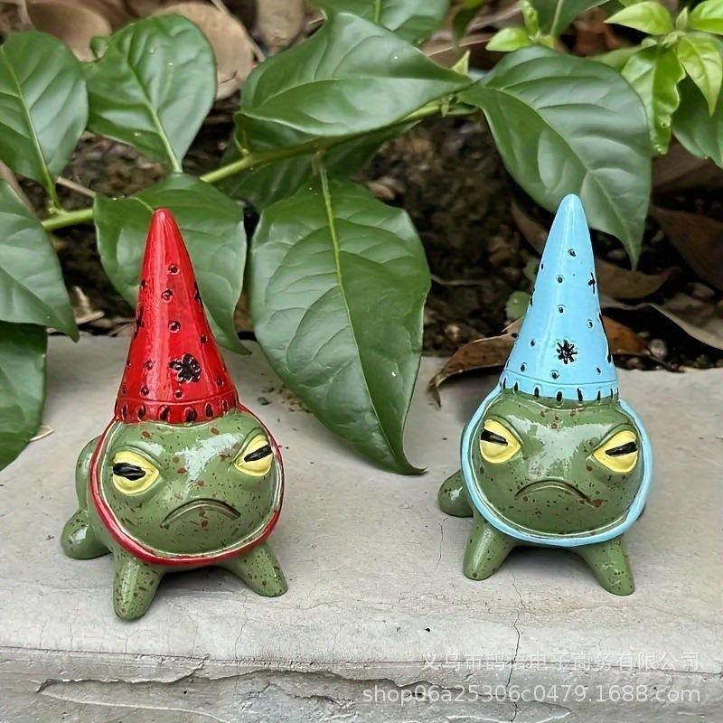 Little Green Frog Resin Ornament with Party Hat - Outdoor Frog Decoration Blue Hat Frog